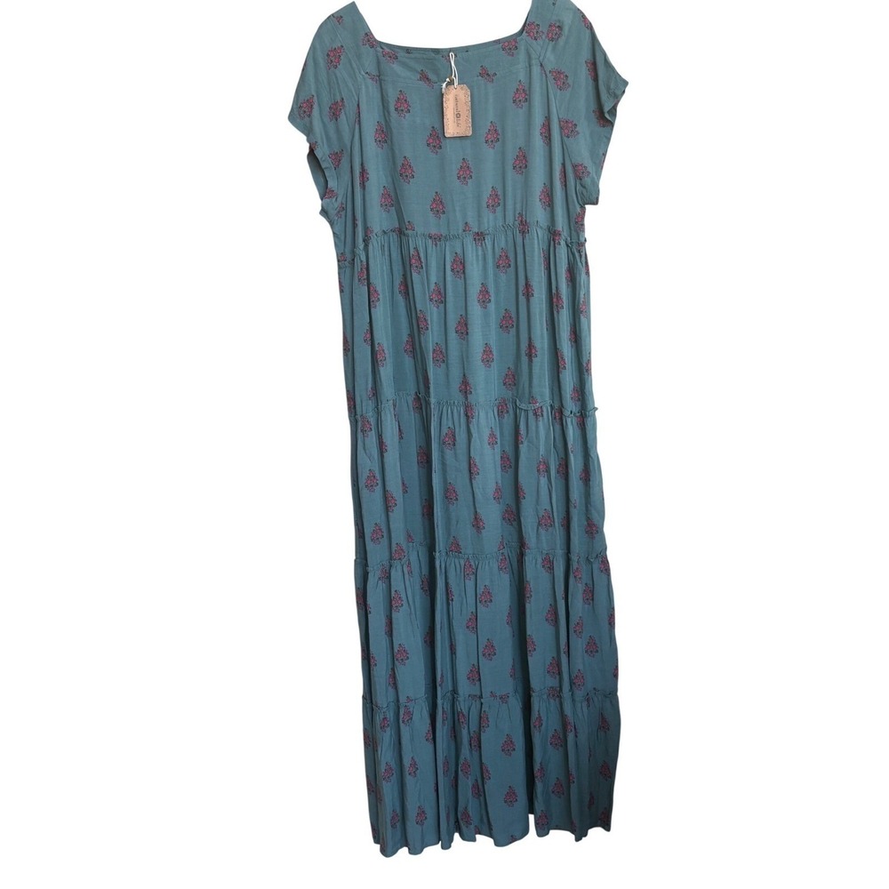 NWT Natural Life Boho Maxi Dress L/XL Blue Floral Tiered Short Sleeve LHDRS967